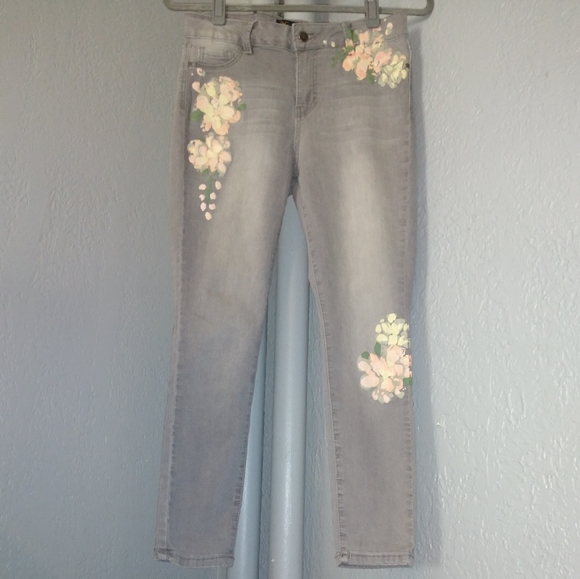 Catherine Malandrino Gray Stretch Designer Jeans Pink Painted Flowers Grey Capri - Picture 10 of 10